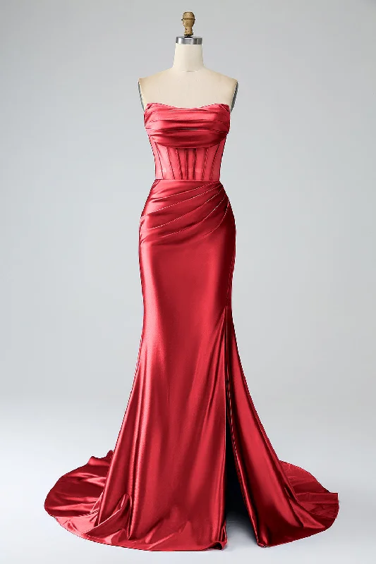 V Neck Party Dress for Flattering Look -Red Mermaid Strapless Pleated Corset Long Prom Dress with Slit