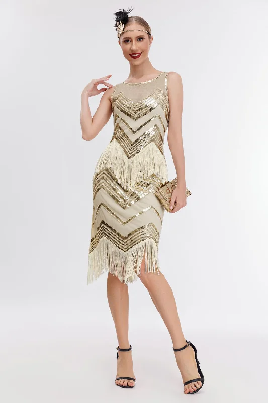 Beach Dresses for Coastal -Sparkly Champagne Sequins Fringed 1920s Gatsby Dress