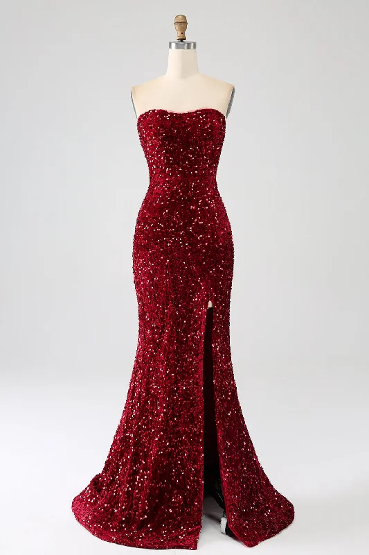 Party Dress for House Party -Red Strapless Sequins Long Mermaid Prom Dress With Slit