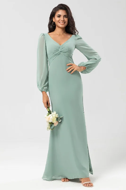 Long-sleeved Dresses for Coverage -Long Sleeves Green Bridesmaid Dress with Slit