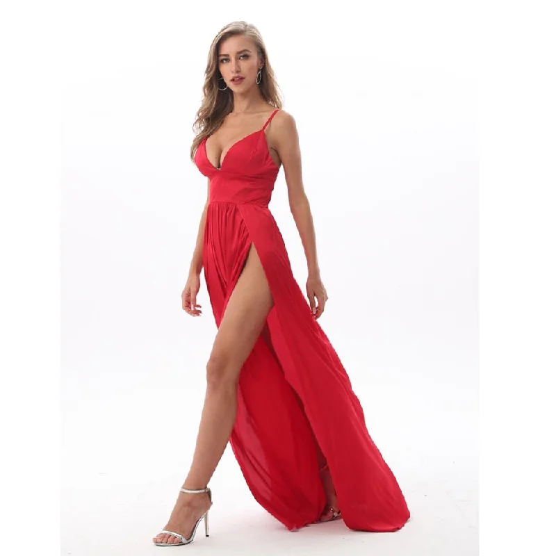 Straight Party Dress for Simple Style -Sexy Women's Satin V-Neck Sleeveless 2 Splits Backless Club Party Dress