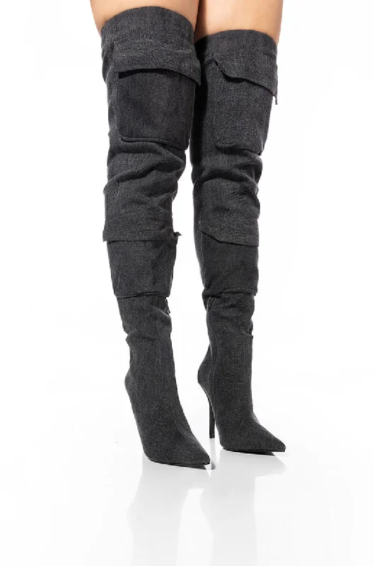 Denim Dress with Lace Trim for Feminine -MOTOFOX STILETTO OVER THE KNEE BOOT IN BLACK DENIM