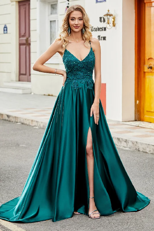 A Line Party Dress for Flattering Fit -Trendy A Line Spaghetti Straps Peacock Green Long Prom Dress with Appliques