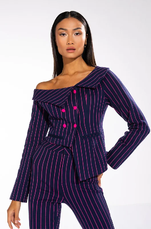 Denim Dress for Concert Events -SWEET LIKE SUGAR PINSTRIPE OFF SHOULDER BLAZER