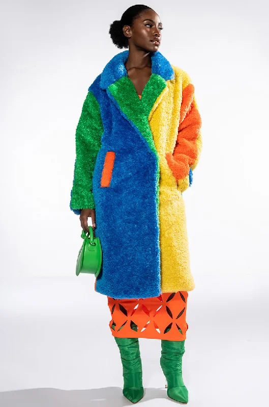 Belted Denim Dress for Defined Waist -MULTI COLOR BLOCK RAINBOW TEDDY FAUX FUR COAT