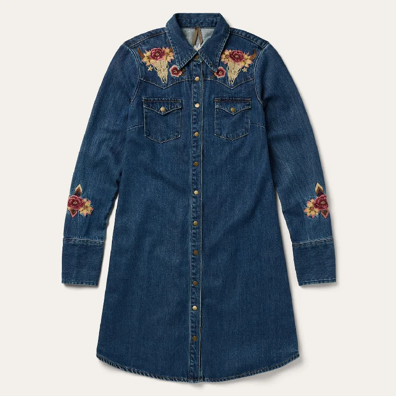 Resort Dresses for Vacation -Stetson Women's Embroidered Western Denim Shirt Dress in Dark Blue Wash