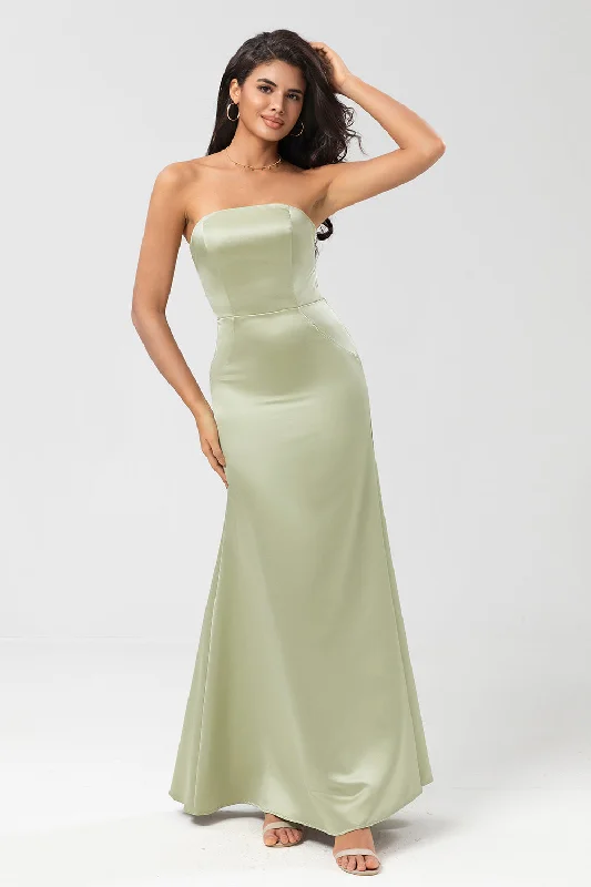 Strapless Dresses for Glamorous -Strapless Satin Sheath Green Bridesmaid Dress