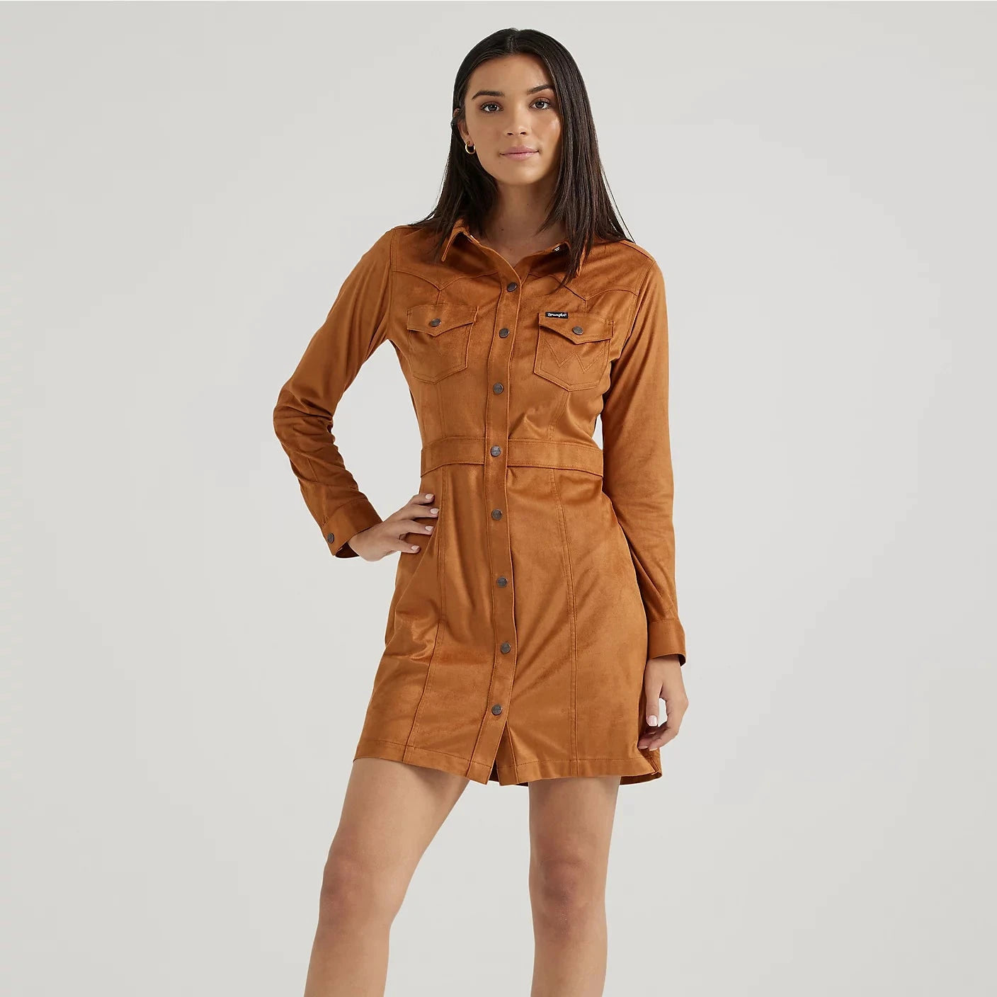 Modern Dresses for Trendy -Wrangler Retro Women's Sueded Western Snap Shirt Dress in Brown