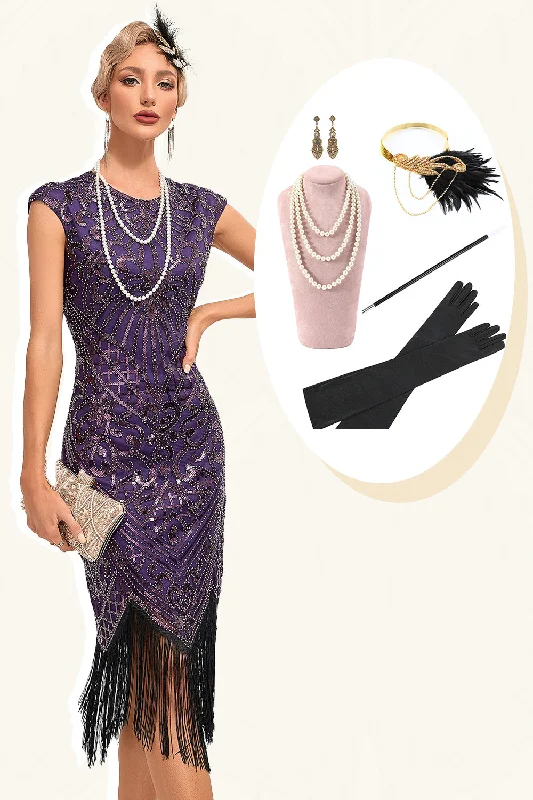 Valentine's Day Dresses for Romance -Fringes Dark Purple Beading 1920s Dress with Accessories Set