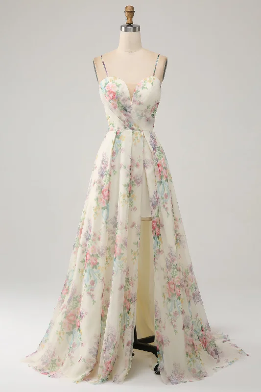 Party Dress for Garden Party -A-Line Flower Printed Ivory Prom Dress with Slit