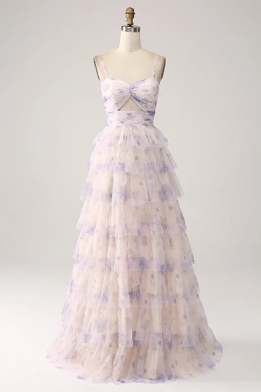 Checkered Bodice Party Dress for Trend -Lavender Flower Tiered Princess Long Prom Dress