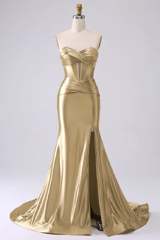 Sheath Party Dress for Sophisticated -Sparkly Gold Mermaid Sweetheart Corset Long Prom Dress with Slit