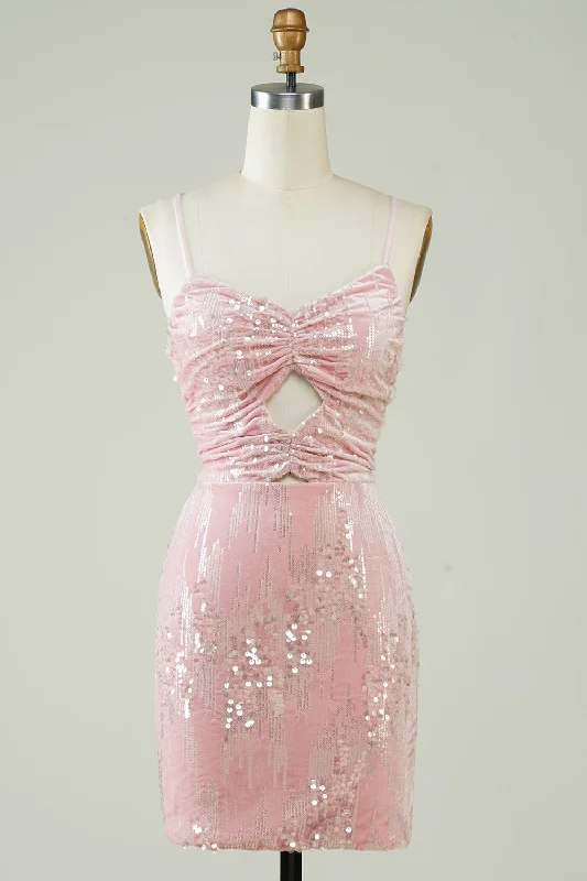 Short-sleeved Dresses for Summer -Velvet Sequins Pink Tight Homecoming Dress with Hollow-out