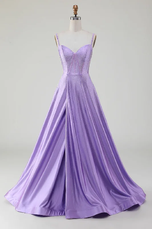 Party Dress for Indoor Party -Simple Sparkly Lilac A-Line Side Slit Corset Prom Dresses with Rhinestones