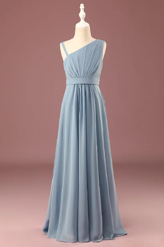 Evening Dresses for Formal Events -Dusty Blue One Shoulder A-line Chiffon Pleated Floor Length Junior Bridesmaid Dress