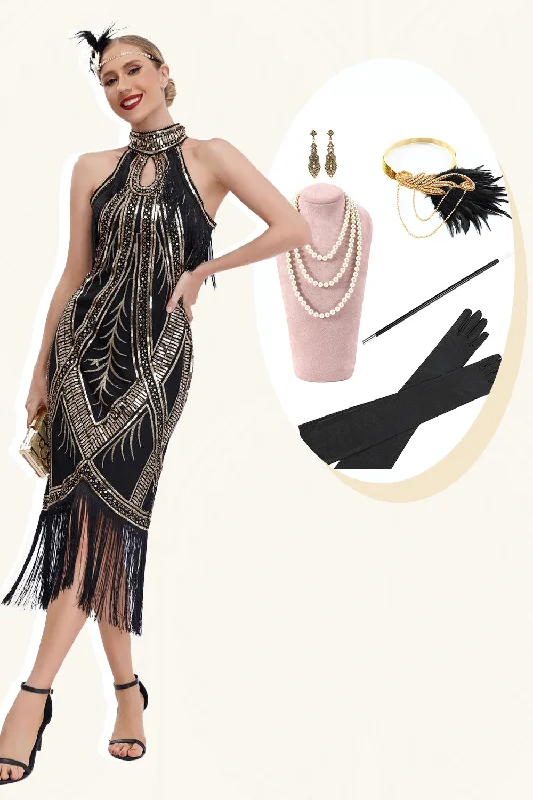 One-shoulder Dresses for Trendy -Sparkly Black Golden Sequins Fringed 1920s Dress with Accessories Set