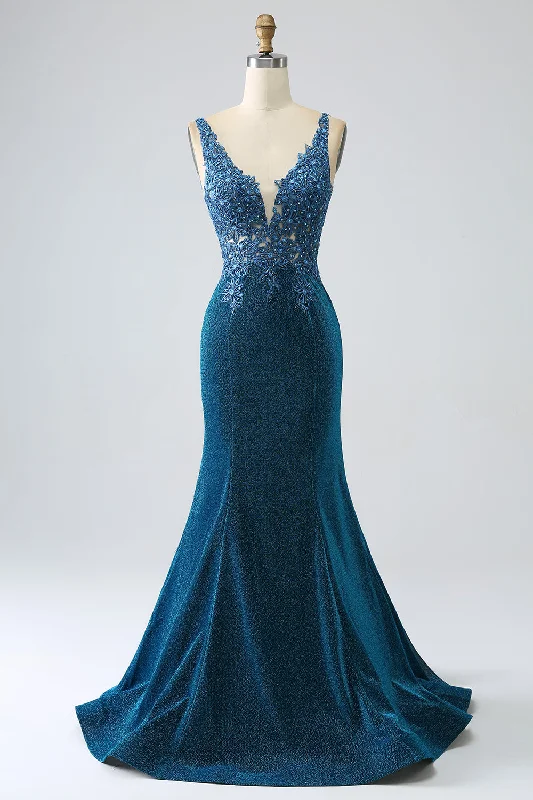 Party Dress for Vintage Party -Glitter Dark Blue Mermaid Prom Dress with Beading