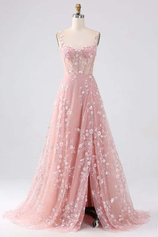 Ball Gown Party Dress for Grand Look -Sparkly Blush A Line Spaghetti Straps Sequin Corset Prom Dress With Slit