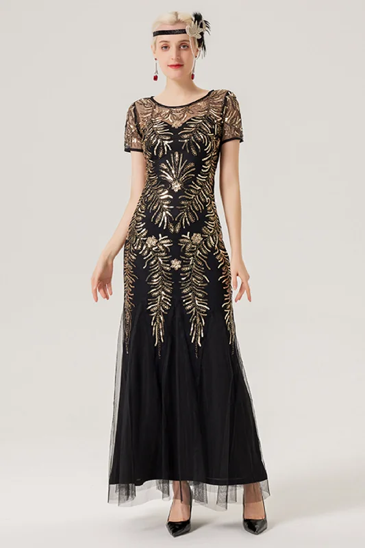 Shift Dresses for Simple Look -Black Golden Sequins Long 1920s Dress with Short Sleeves