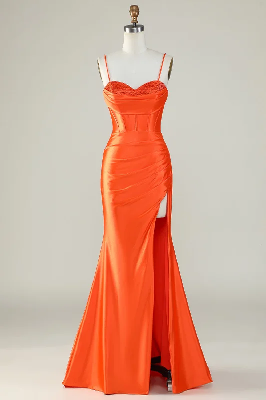 Pink Party Dress for Feminine Touch -Orange Mermaid Spaghetti Straps Long Corset Prom Dress With Slit