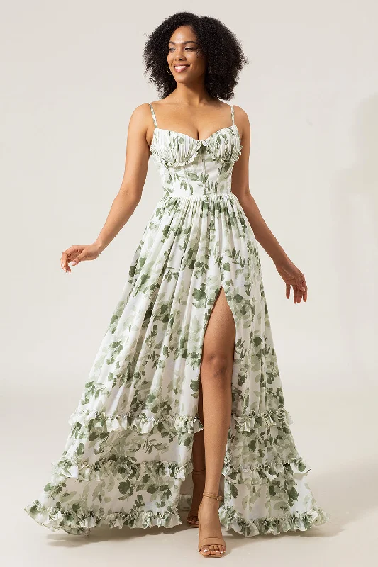 Party Dress for Themed Party -A-Line Spaghetti Straps Green Printed Long Prom Dress With Slit