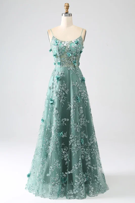 Party Dress for Graduation Party -Glitter Grey Green Spaghetti Straps Lace Flower Long Corset Prom Dress