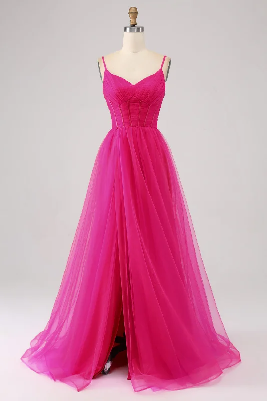 One Shoulder Party Dress for Asymmetric -Fuchsia A-Line Spaghetti Straps Long Corset Prom Dress with Slit