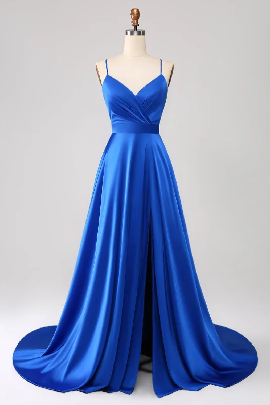 Ball Gown Party Dress for Grand Look -Royal Blue A Line Spaghetti Straps Satin Prom Dress with Slit