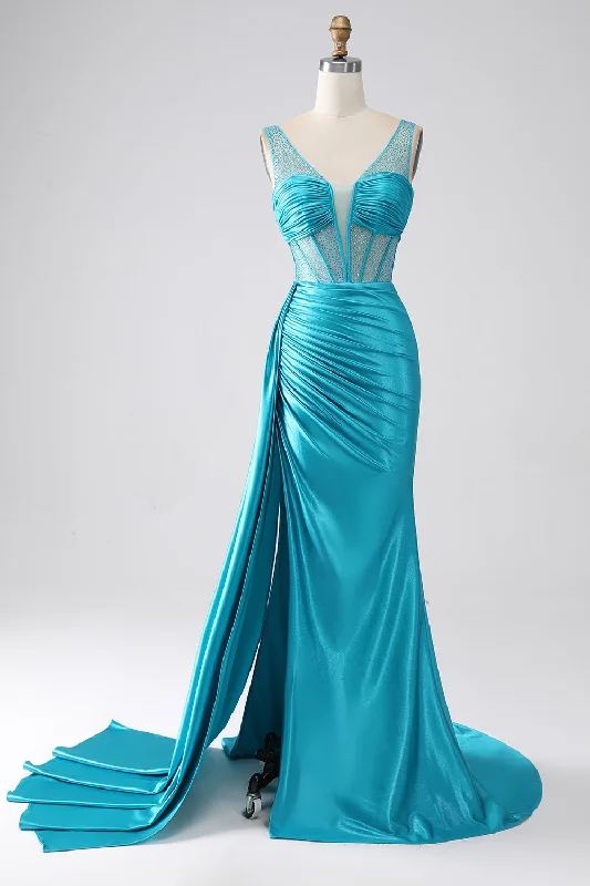 Party Dress for Retro Party -Turquoise Mermaid V-Neck Sweep Train Pleated Corset Beaded Prom Dress