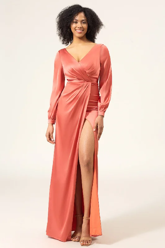 African Dresses with Culture -Terracotta A-Line V-Neck Satin Bridesmaid Dress With Slit