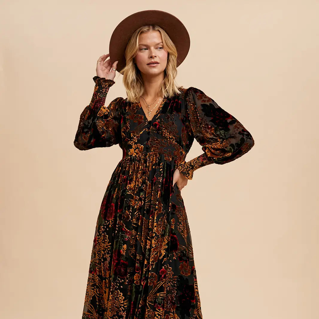 Belted Dresses for Shaping -Women's Burnout Button Down Velvet Floral Maxi Dress in Red Rose Floral