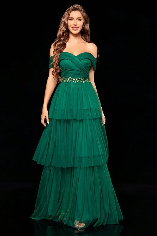 Striped Party Dress for Fashionable Look -Off the Shoulder Dark Green Tiered Prom Dress with Ruffles