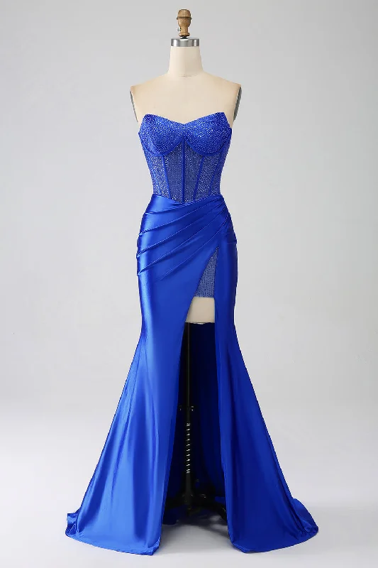 Party Dress for Office Party -Mermaid Strapless Royal Blue Corset Prom Dress with Beading