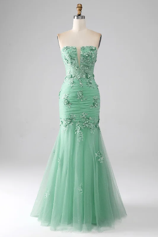 Cap Sleeve Party Dress for Cute Look -Green Mermaid Strapless Tulle Long Prom Dress with Appliques