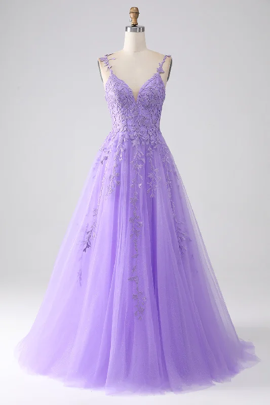 High Neck Party Dress for Modest Look -Lilac A-Line Spaghetti Straps Long Prom Dress with Appliques