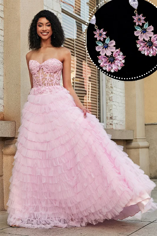 Printed Bodice Party Dress with Pattern -Pink A-Line Strapless Tiered Long Corset Prom Dress with Accessories Set