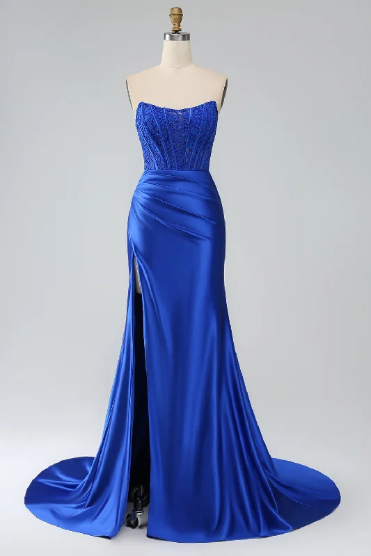 Sheath Party Dress for Sophisticated -Royal Blue Mermaid Strapless Long Corset Prom Dress with Slit