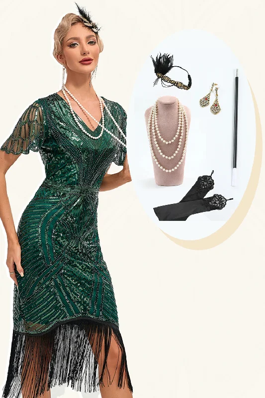 Evening Dresses for Formal Events -Beading Dark Green Glitter Fringes Flapper Dress with Accessories Set