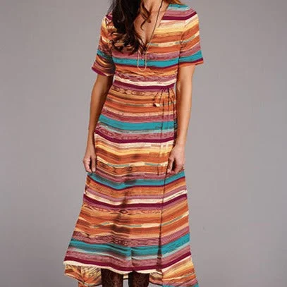 Beige Dresses for Neutral -Stetson Women's Sunset Serape Print Herringbone Wrap Front Dress