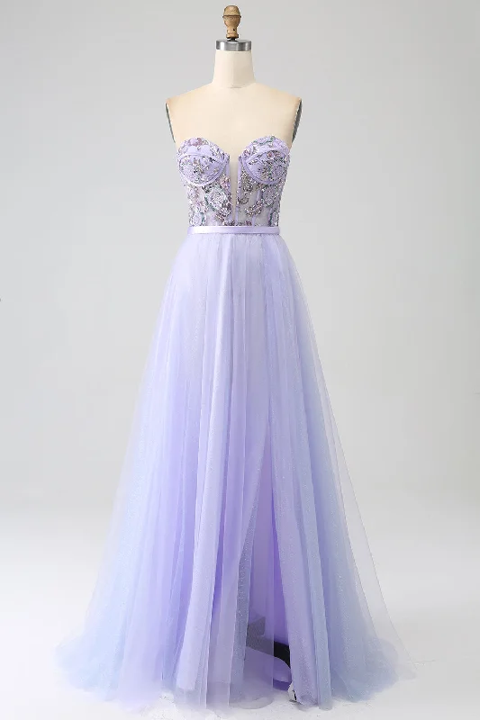 Pink Party Dress for Feminine Touch -Lavender A Line Tulle Corset Prom Dress with Slit