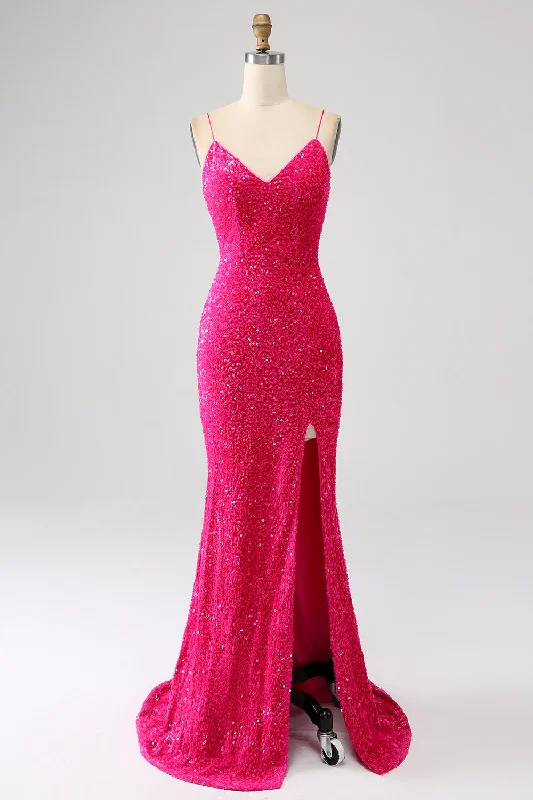 Red Party Dress for Statement Look -Fuchsia Mermaid Spaghetti Straps V-Neck Sequin Prom Dress With Split