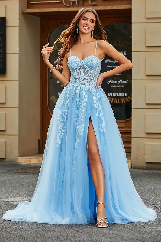 Pleated Party Dress for Structured Look -Tulle A-Line Spaghetti Straps Sky Blue Long Corset Prom Dress with Appliques