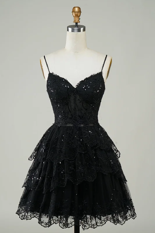 Capri Dresses for Playful -Gorgeous A Line Spaghetti Straps Black Sparkly Corset Homecoming Dress