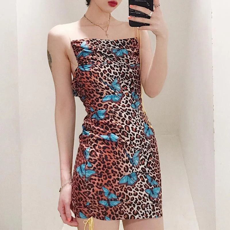 Bridesmaid Dresses for Ceremony -Sexy Women's Leopard Print Backless Slash Neck Slip Bodycon Mini Dress