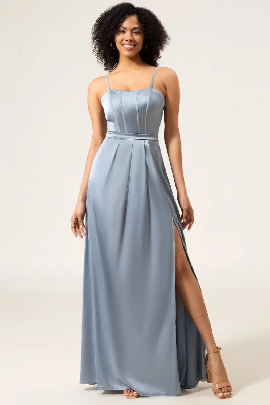 Hippie Dresses with Beads -A-Line Spaghetti Straps Dusty Blue Satin Long Bridesmaid Dress