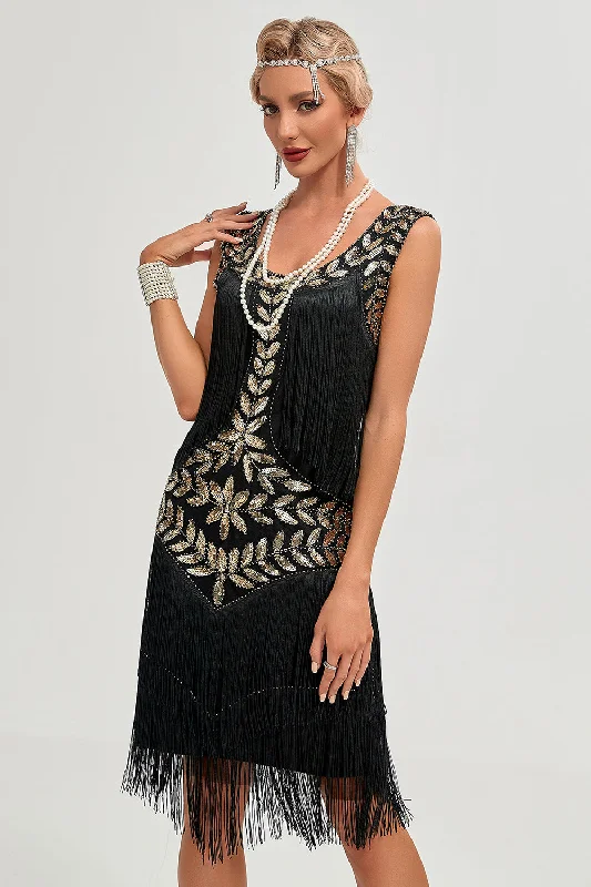 Resort Dresses for Vacation -Black Gatsby 1920s Flapper Dress with Sequins and Fringes