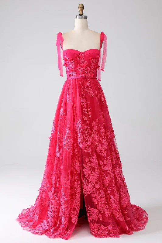 Beaded Party Dress for Luxurious Look -A-Line Spaghetti Straps Fuchsia Long Prom Dress with Slit