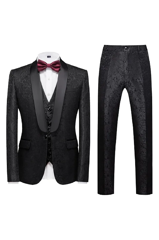 Party Dress with Pockets for Practical -Black 3 Piece Jacquard Shawl Lapel Men's Prom Suits