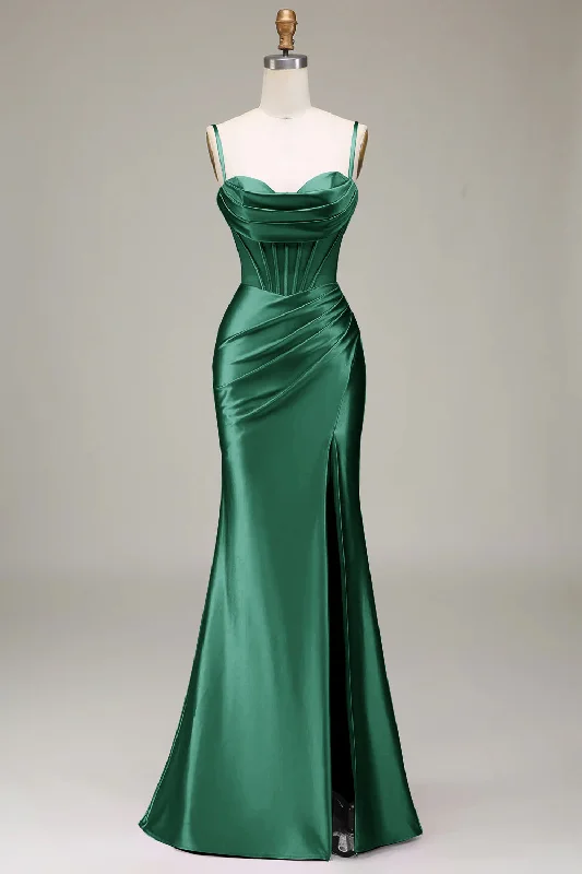 Party Dress for House Party -Dark Green Mermaid Spaghetti Straps Corset Prom Dress with Split Front