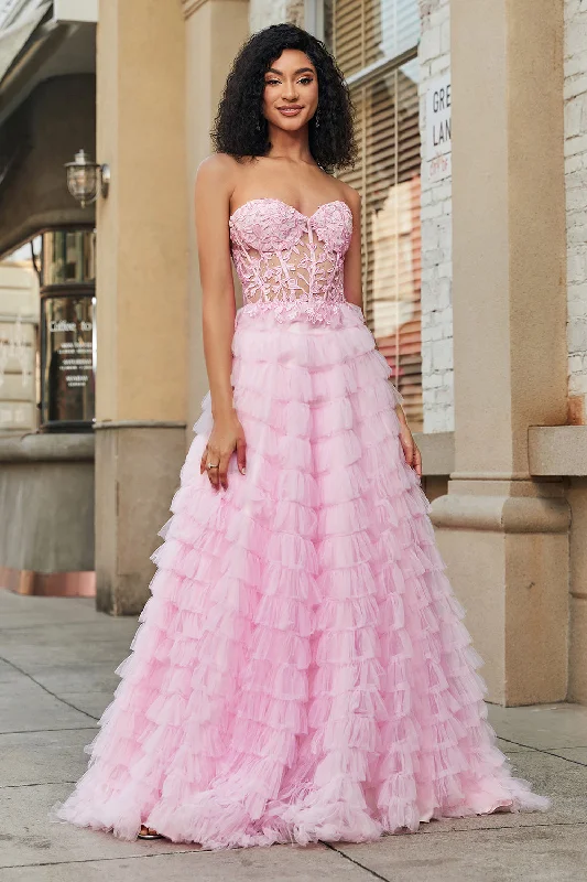 Wrap Party Dress for Adjustable Fit -Pink A-Line Strapless Tiered Long Corset Prom Dress with Lace